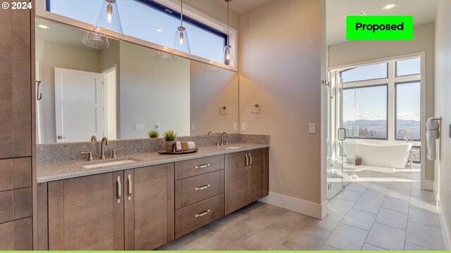 bathroom featuring dual bowl vanity, a bathing tub, and tile patterned flooring