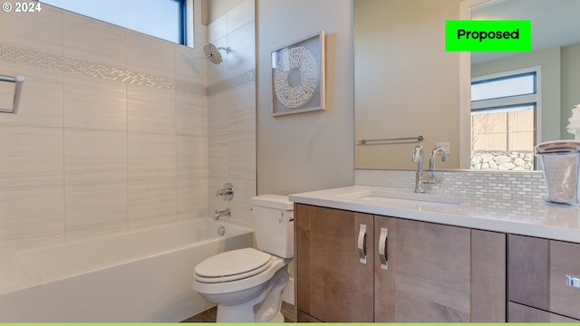 full bathroom featuring decorative backsplash, toilet, tiled shower / bath combo, and vanity