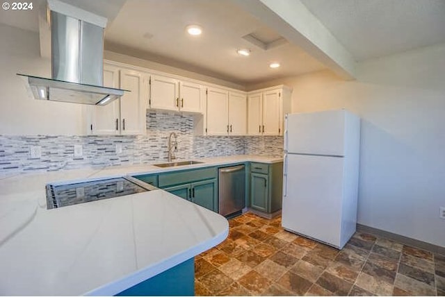 kitchen with ventilation hood, white cabinets, white refrigerator, sink, and stainless steel dishwasher