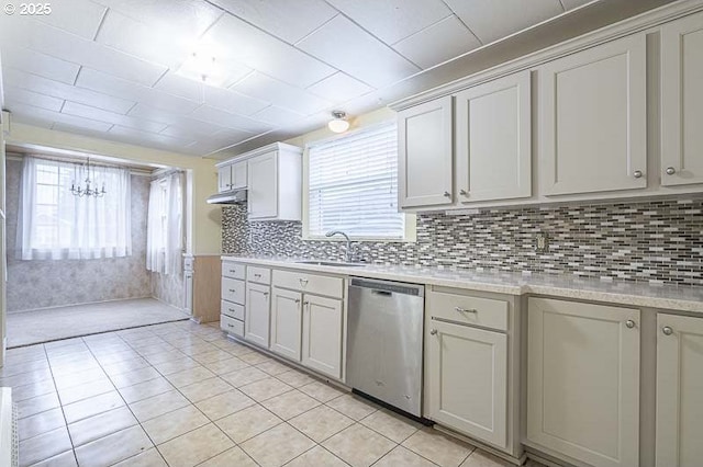 kitchen featuring tasteful backsplash, dishwasher, white cabinetry, sink, and light tile patterned floors