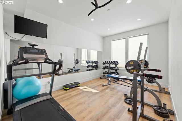 workout room with hardwood / wood-style flooring