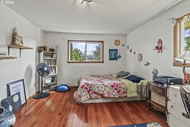 bedroom featuring multiple windows and dark hardwood / wood-style floors