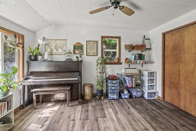 miscellaneous room with ornamental molding, vaulted ceiling, hardwood / wood-style floors, and ceiling fan