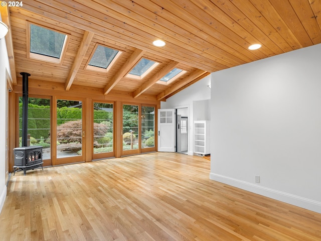 unfurnished living room featuring light hardwood / wood-style floors, wooden ceiling, a wood stove, and lofted ceiling with skylight