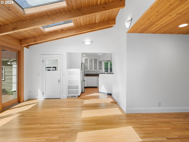 unfurnished living room with light wood-type flooring, wooden ceiling, and vaulted ceiling with skylight