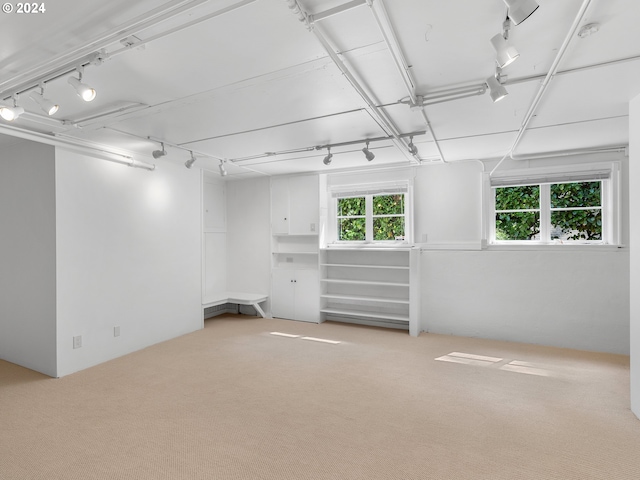 basement with light carpet and rail lighting