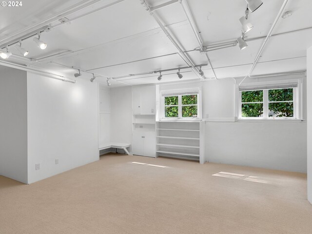 basement with light carpet and rail lighting