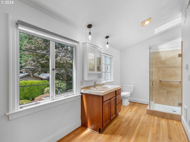 bathroom featuring an enclosed shower, toilet, vaulted ceiling, vanity, and hardwood / wood-style floors