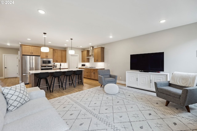 living room with sink and light hardwood / wood-style floors