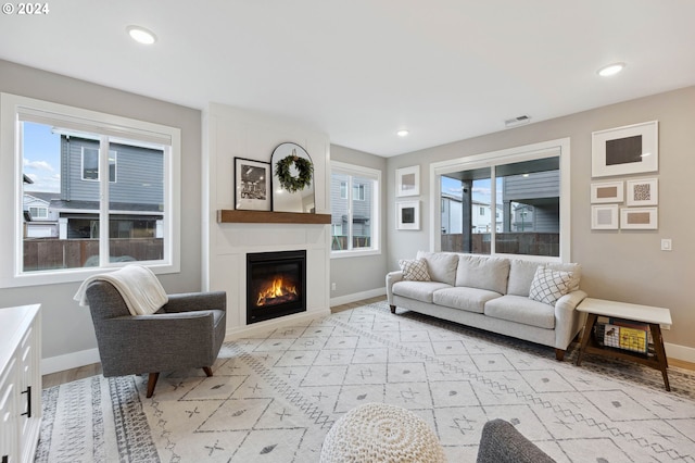 living room featuring a large fireplace and light hardwood / wood-style flooring