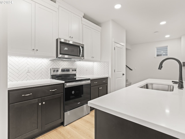 kitchen featuring backsplash, white cabinets, sink, light wood-type flooring, and appliances with stainless steel finishes