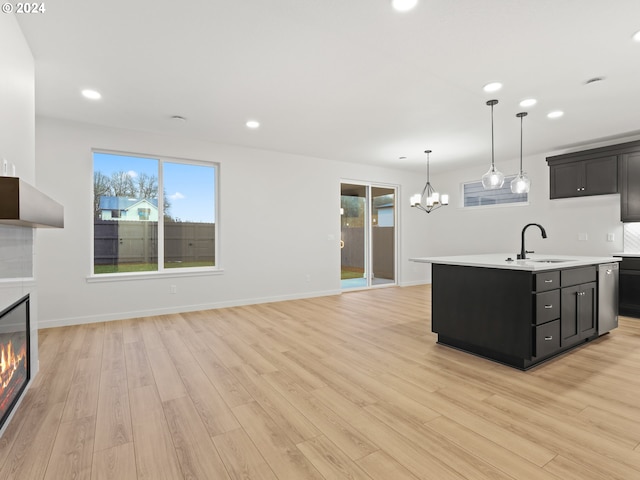 kitchen featuring plenty of natural light, sink, and light hardwood / wood-style flooring