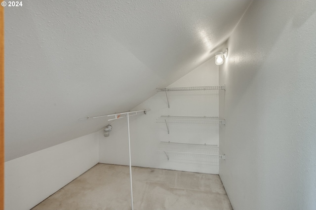 walk in closet featuring lofted ceiling and carpet floors