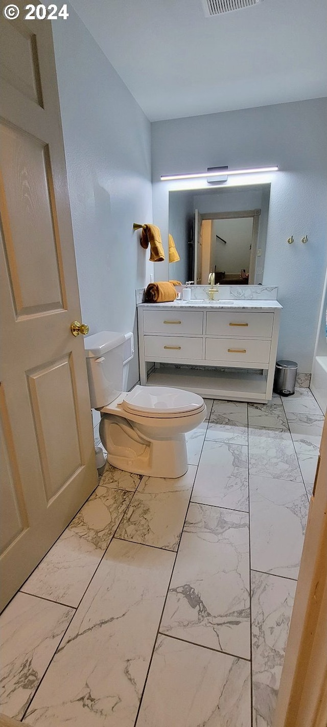 bathroom with vanity, toilet, and a washtub