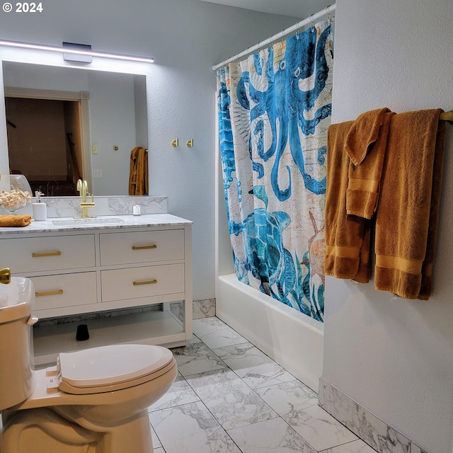 full bathroom with vanity, toilet, and shower / tub combo with curtain