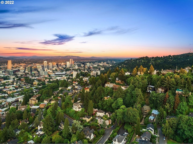 view of aerial view at dusk