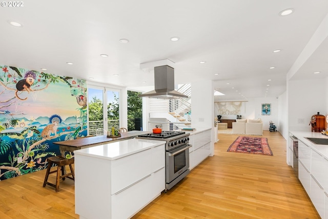 kitchen featuring island range hood, appliances with stainless steel finishes, white cabinets, and light hardwood / wood-style floors