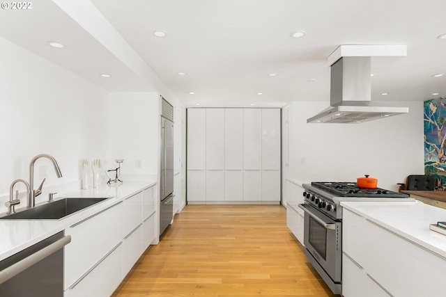 kitchen with wall chimney range hood, sink, white cabinets, light hardwood / wood-style flooring, and high end appliances