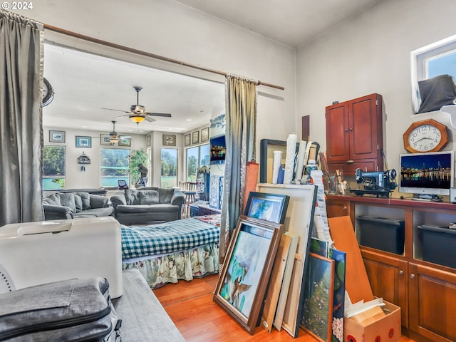 living room featuring light hardwood / wood-style floors, a wealth of natural light, and ceiling fan