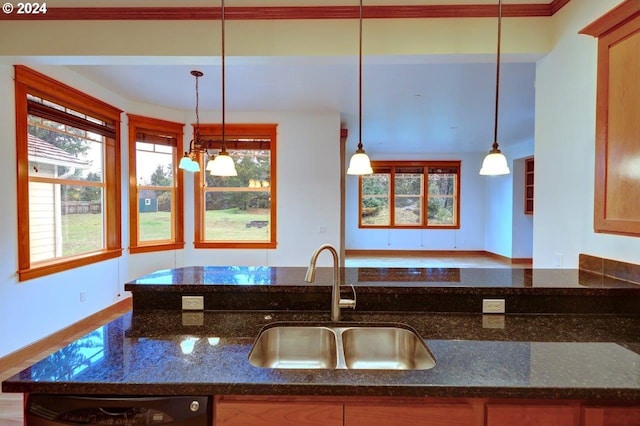 kitchen featuring dishwashing machine, hanging light fixtures, dark stone countertops, and sink