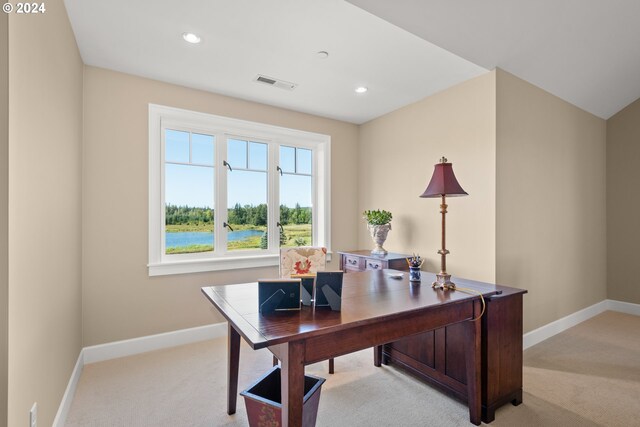 home office featuring light colored carpet