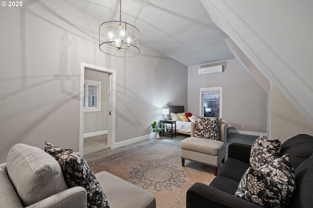 35222 NE 92nd Ct, La Center, WA 98629 - living area featuring an inviting chandelier, a wall mounted AC, baseboards, and lofted ceiling