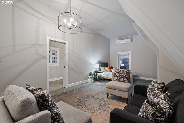 living room with lofted ceiling and a wall unit AC