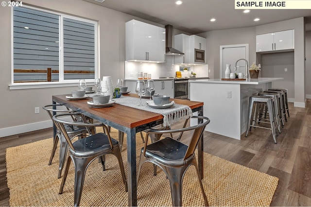 dining space featuring sink and dark hardwood / wood-style flooring