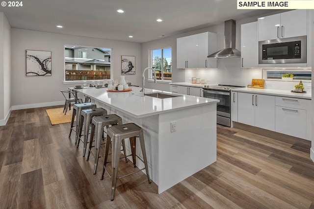 kitchen featuring appliances with stainless steel finishes, wall chimney exhaust hood, sink, and a center island with sink