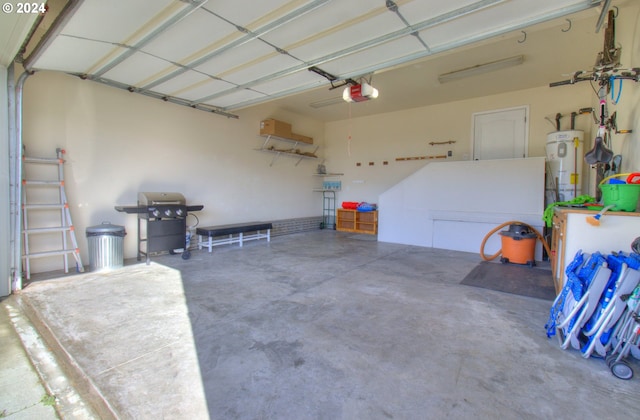 garage featuring a garage door opener and water heater