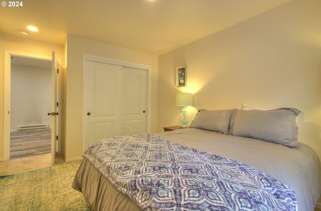 28999 Vizcaino Ct, Gold Beach, OR 97444 - bedroom featuring carpet flooring, a closet, baseboard heating, recessed lighting, and baseboards