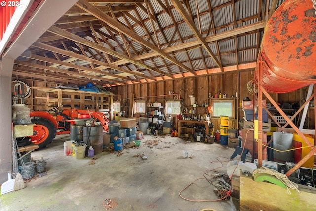 garage with a workshop area