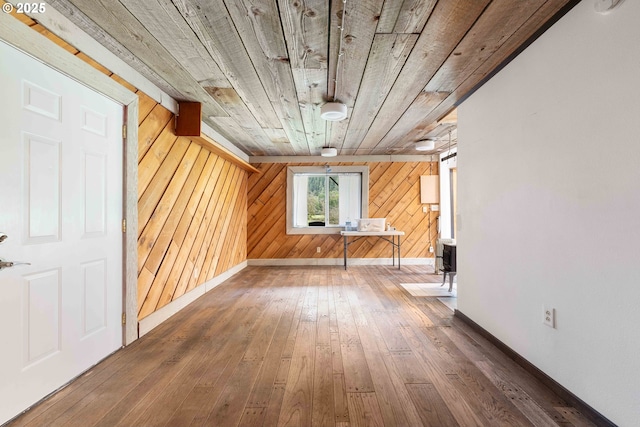 interior space with wood-type flooring, wood ceiling, and wooden walls