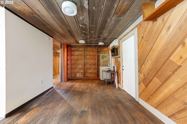 hallway featuring a wall unit AC, wooden walls, wooden ceiling, and dark hardwood / wood-style floors