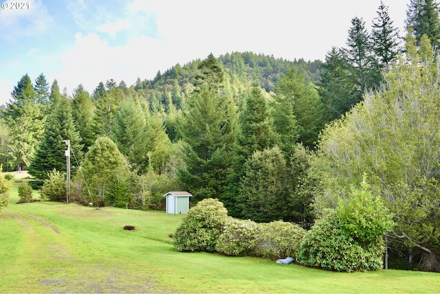 95851 Mckinnon Dr, Gold Beach, OR 97444 - view of yard featuring an outbuilding, a shed, and a wooded view
