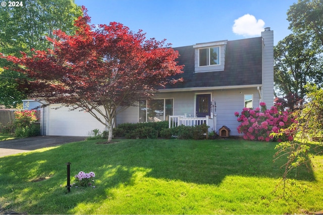 view of front of property with a garage, a front lawn, and a porch