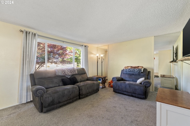 living room with light colored carpet and a textured ceiling