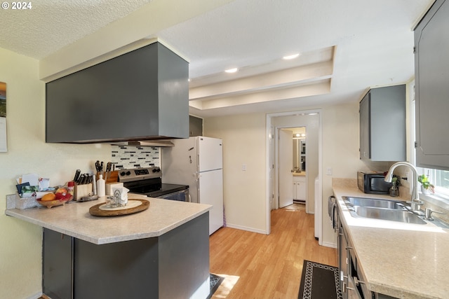 kitchen featuring sink, light wood-type flooring, electric range, gray cabinets, and kitchen peninsula