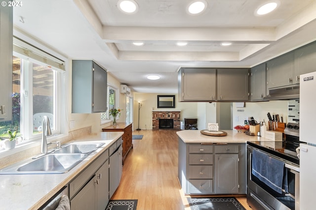 kitchen with gray cabinetry, sink, stainless steel appliances, and a raised ceiling