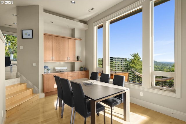 dining space featuring light wood-type flooring and a wealth of natural light