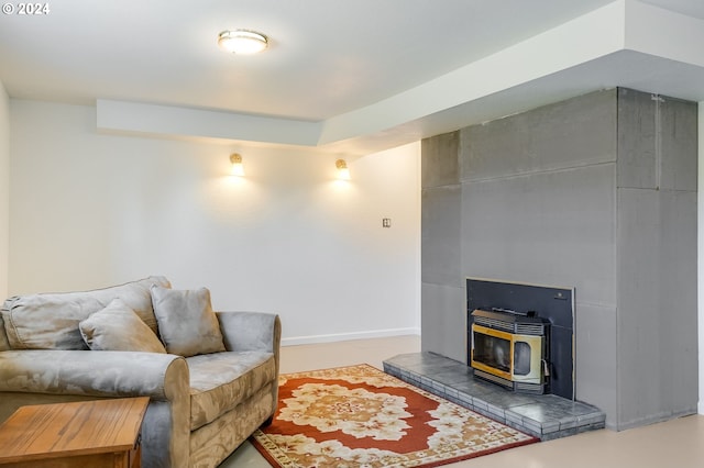 living room with a wood stove