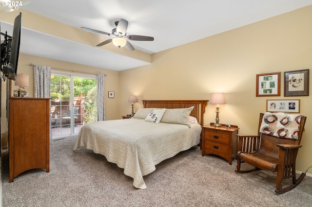 carpeted bedroom with access to outside and ceiling fan