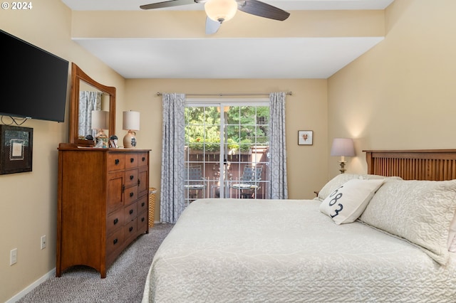 bedroom featuring light carpet, ceiling fan, and baseboards