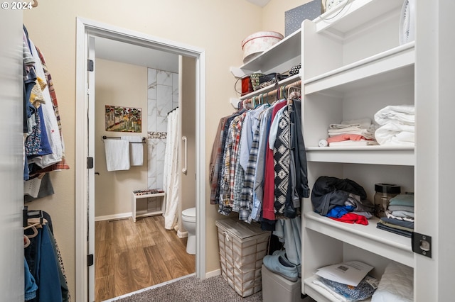 walk in closet with wood finished floors