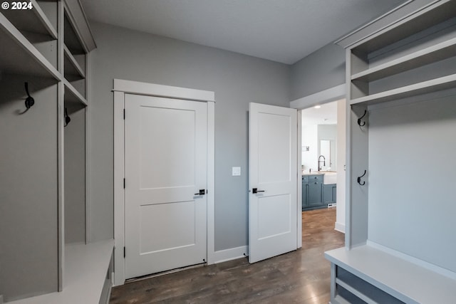 mudroom with dark hardwood / wood-style flooring and sink