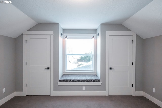 bonus room featuring a textured ceiling, light colored carpet, and lofted ceiling