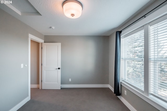 unfurnished room featuring carpet and a textured ceiling