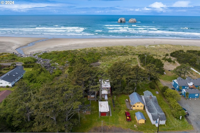 bird's eye view with a view of the beach and a water view