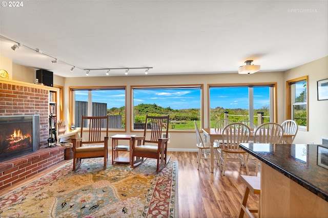 living room with light hardwood / wood-style floors, a healthy amount of sunlight, and a brick fireplace