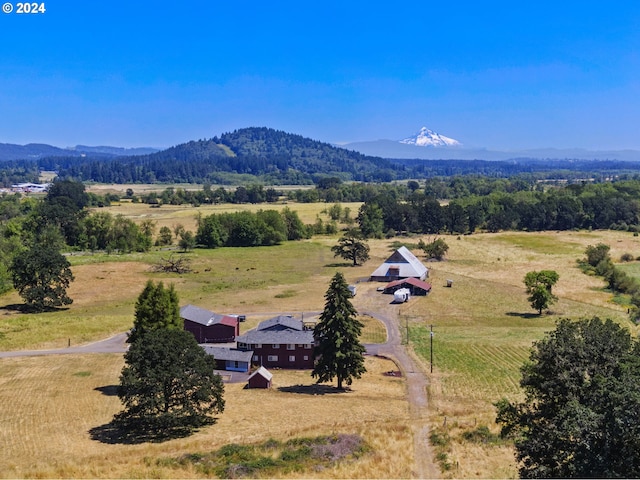 birds eye view of property featuring a mountain view and a rural view